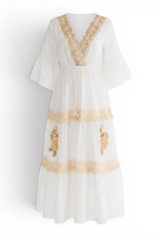Short Sleeve Surplice Elastic Waist Cotton Maxi Dress