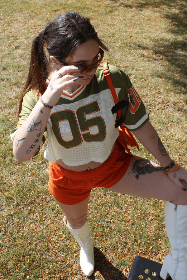 Green and Orange Cropped Sporty Jersey with Number 5