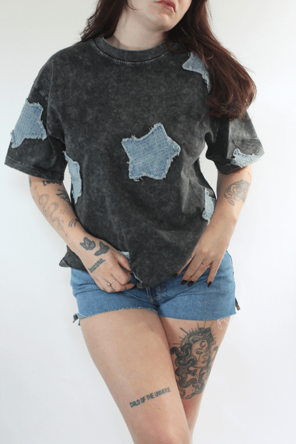 Acid Wash Black Tee with Denim Star Patches