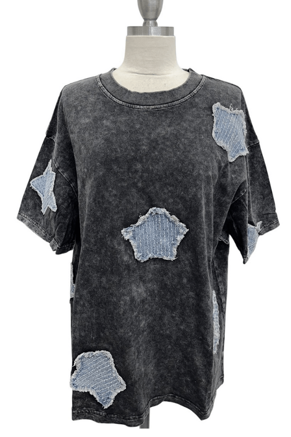Acid Wash Black Tee with Denim Star Patches