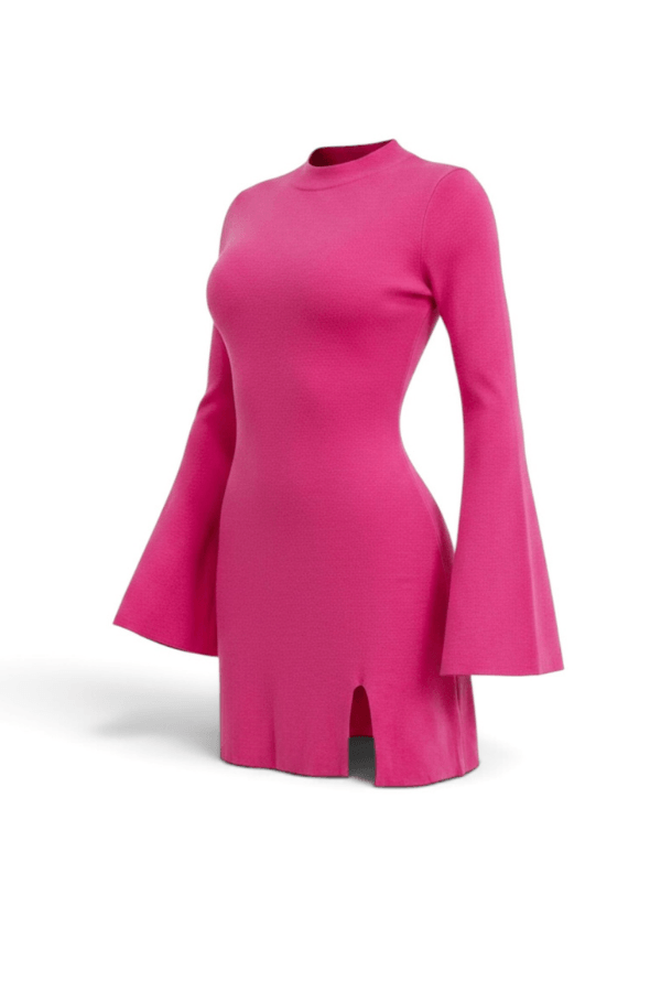 Long Bell Sleeve Mock Neck Front Slit Preppy Hot Pink Fuchsia Bodycon Mini Dress