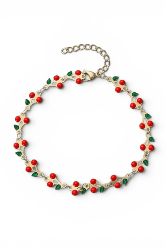 Stainless Steel Gold & Red Cherry Bracelet with Clasp