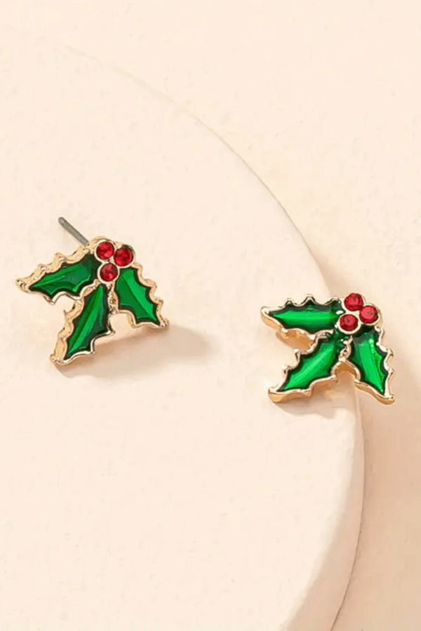 Stainless Steel Red and Green Mistletoe Stud Earrings