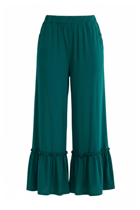 Boho Aesthetic Teal Ruffle Bottom Palazzo Pants with Pockets