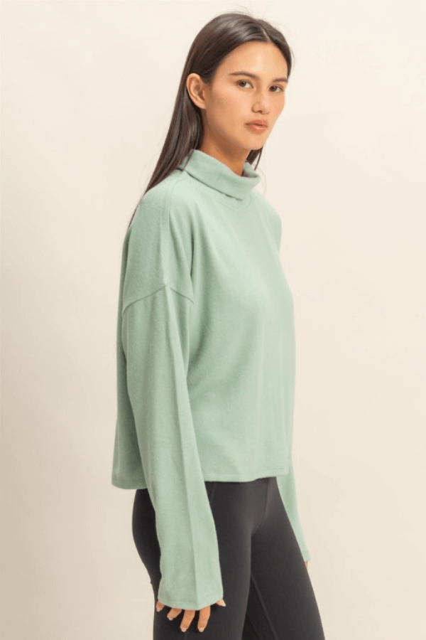 Drop Shoulder Sage Green Turtleneck Knit Top