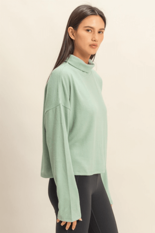 Drop Shoulder Sage Green Turtleneck Knit Top