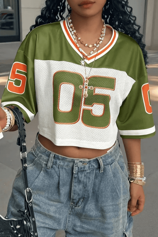 Green and Orange Cropped Sporty Jersey with Number 5