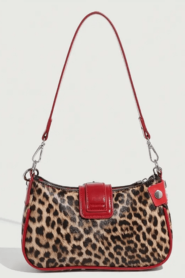 Red Leopard Print Y2K Shoulder Bag with Chain