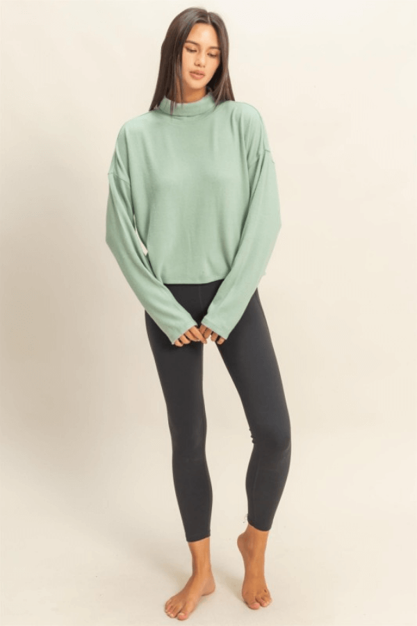 Drop Shoulder Sage Green Turtleneck Knit Top