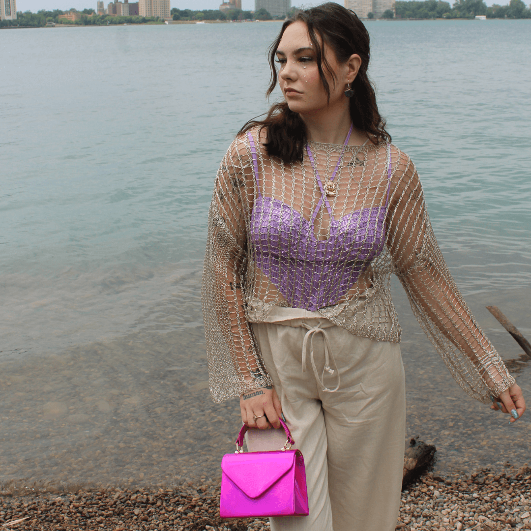 Purple fishnet top shop