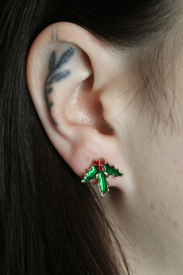 Stainless Steel Red and Green Mistletoe Stud Earrings