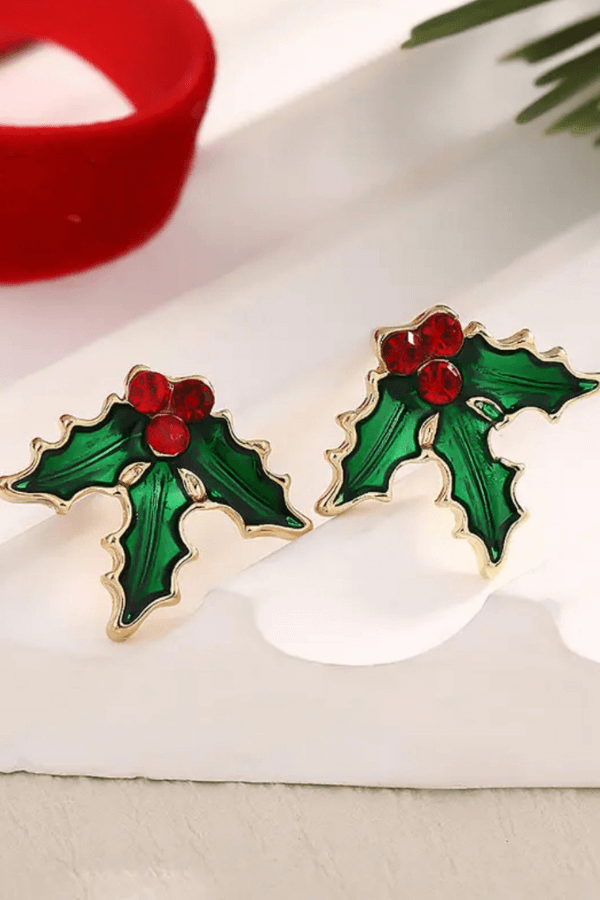 Stainless Steel Red and Green Mistletoe Stud Earrings