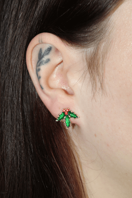 Stainless Steel Red and Green Mistletoe Stud Earrings