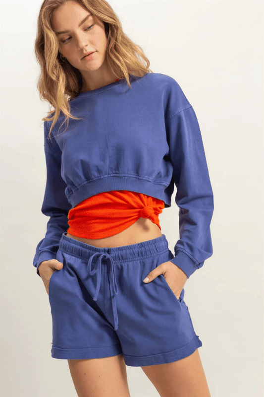 Long Sleeve Cropped Crewneck Sweatshirt Navy