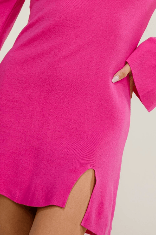 Long Bell Sleeve Mock Neck Front Slit Preppy Hot Pink Fuchsia Bodycon Mini Dress