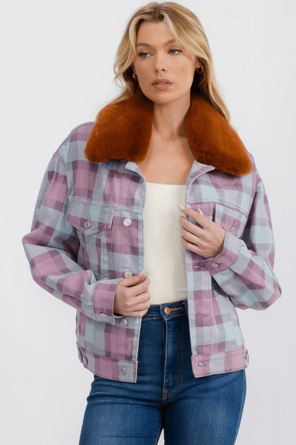 Plaid Faux Fur Cotton Preppy Jacket