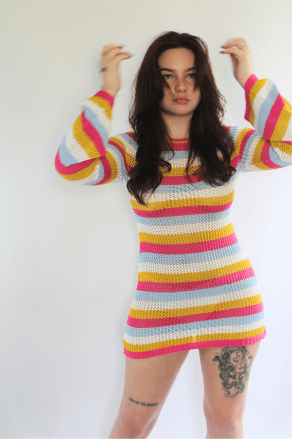 Colorful Stripe Knit Preppy Cover-up Dress