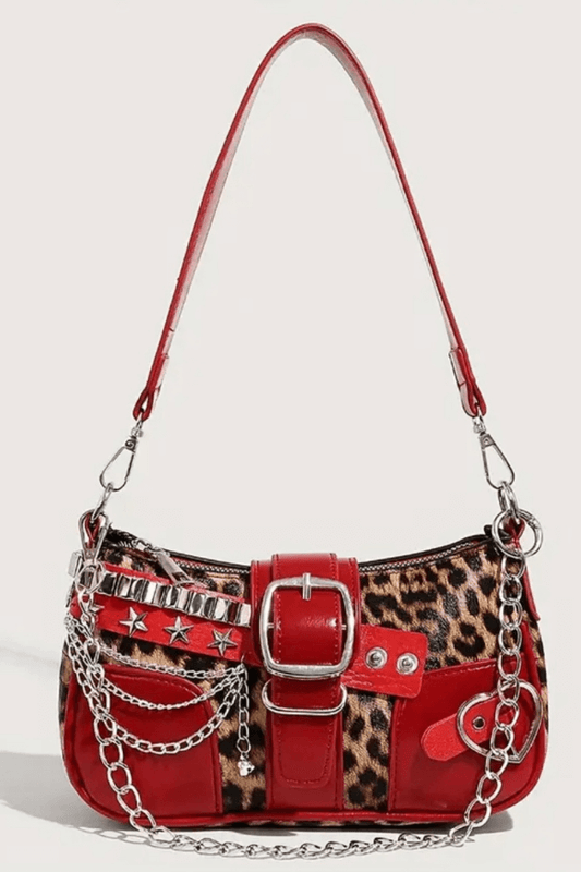 Red Leopard Print Y2K Shoulder Bag with Chain