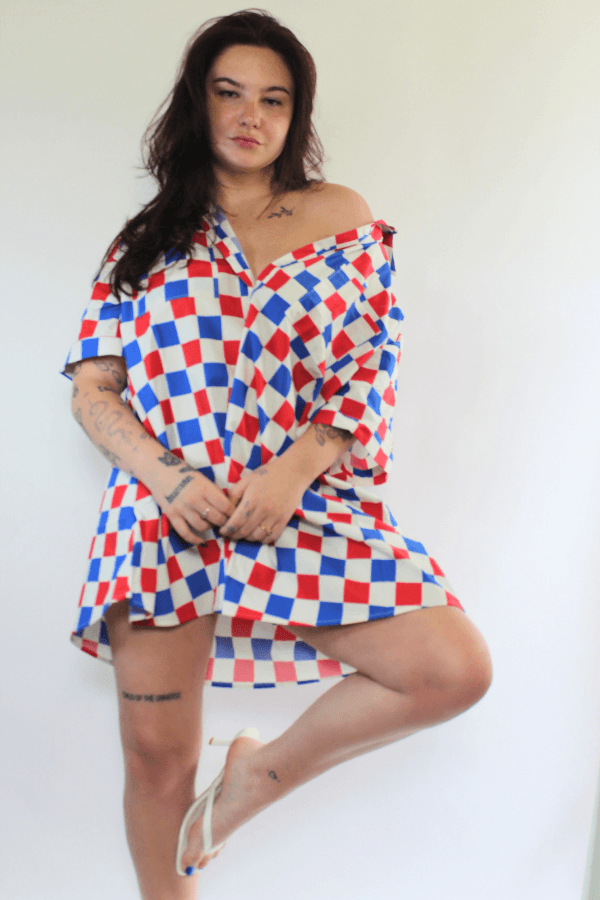 Red White & Blue Button Up Oversized Checker Dress with Pockets