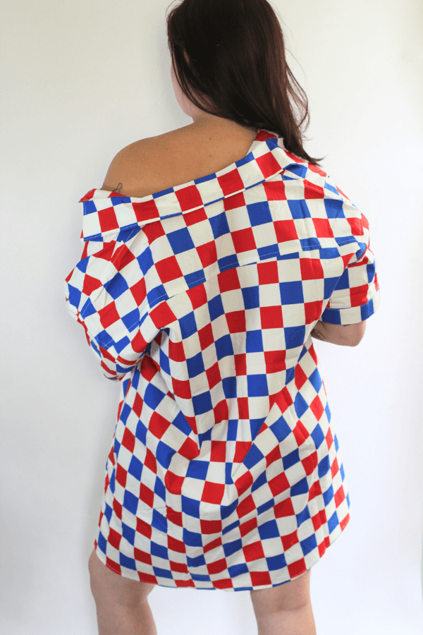 Red White & Blue Button Up Oversized Checker Dress with Pockets