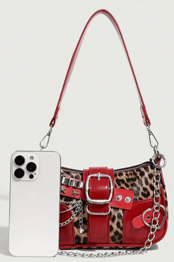 Red Leopard Print Y2K Shoulder Bag with Chain