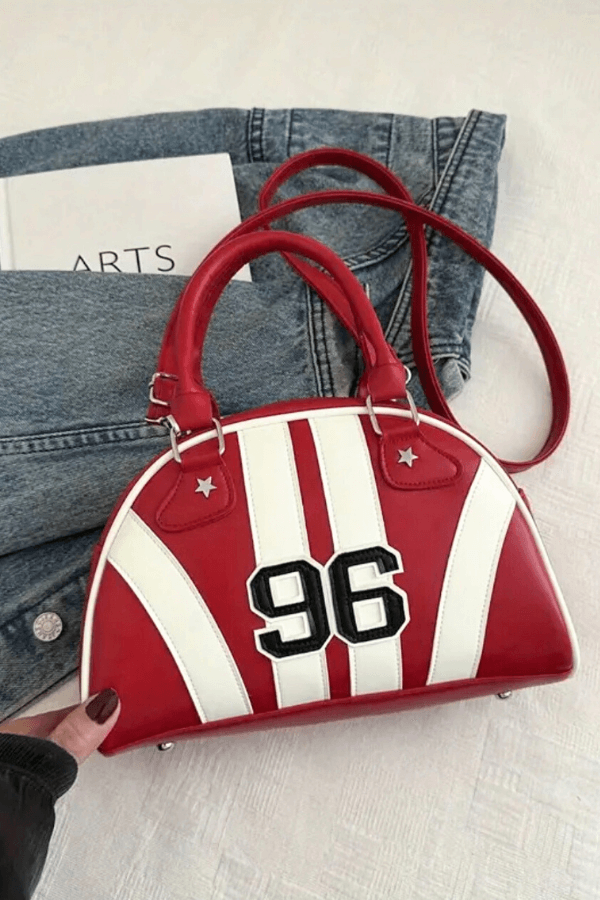 Red Black and White Stripe Vintage Bowling Style Handbag with Removable Shoulder Strap