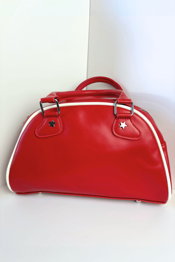 Red Black and White Stripe Vintage Bowling Style Handbag with Removable Shoulder Strap