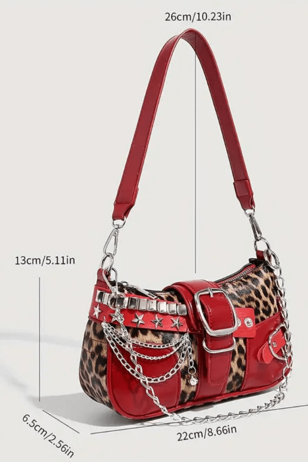 Red Leopard Print Y2K Shoulder Bag with Chain