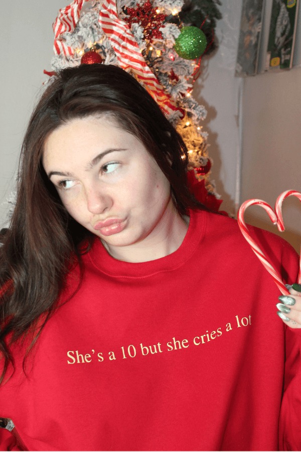 LIMITED EDITION She's a 10 but she Cries a Lot Red and Butter Yellow Crewneck Sweatshirt