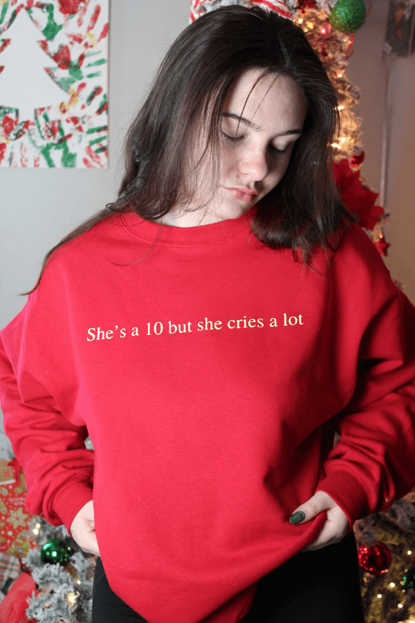 LIMITED EDITION She's a 10 but she Cries a Lot Red and Butter Yellow Crewneck Sweatshirt