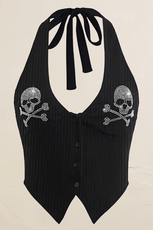 Rhinestone Skull Halter Neck Button Up Vest Top