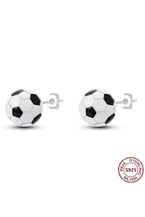 Soccer Ball Design Sterling Silver Stud Earrings