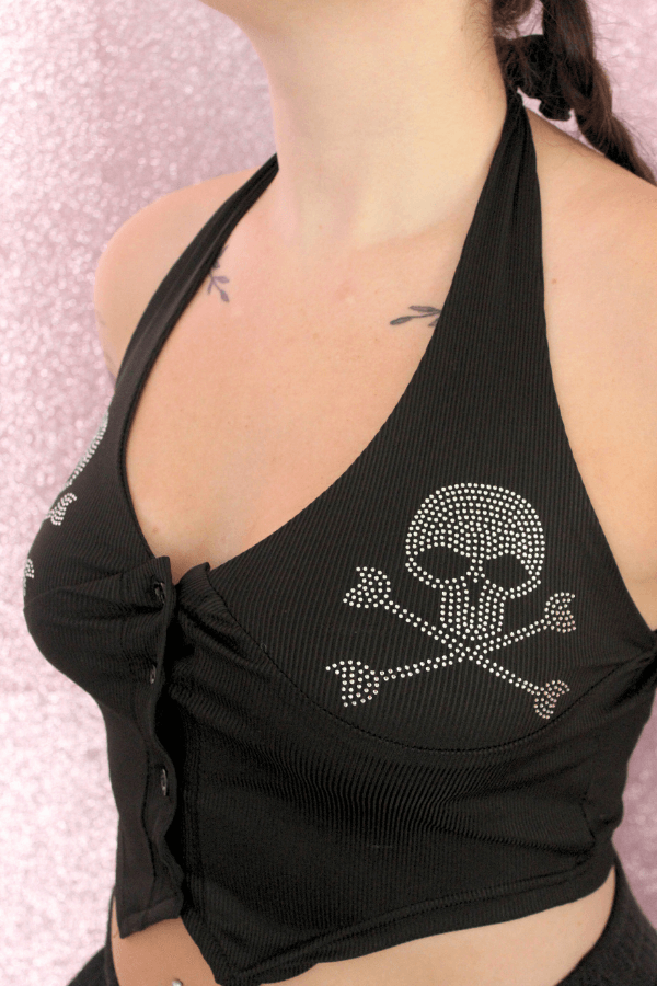 Rhinestone Skull Halter Neck Button Up Vest Top