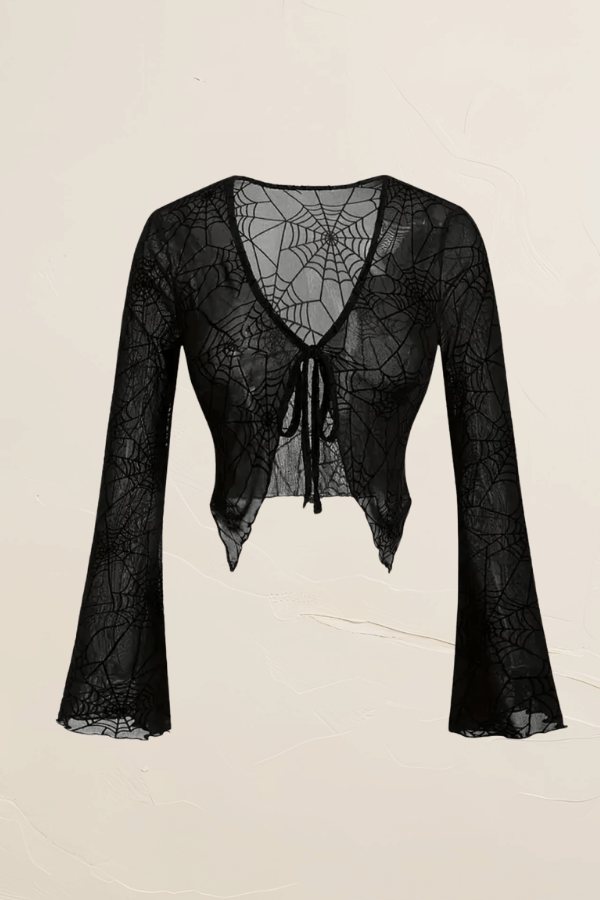 Sheer Spiderweb Flutter Long Sleeve Tie Front Top