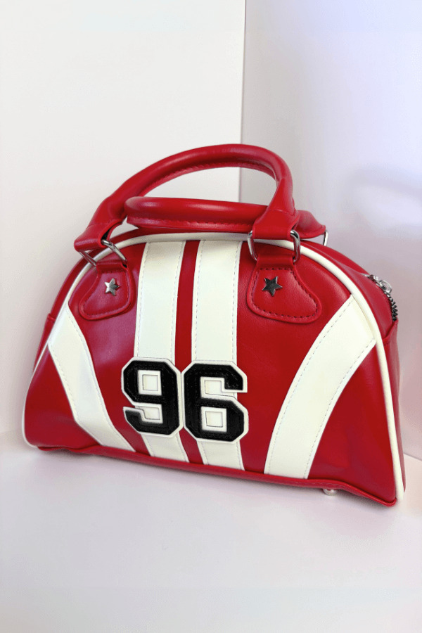 Red Black and White Stripe Vintage Bowling Style Handbag with Removable Shoulder Strap