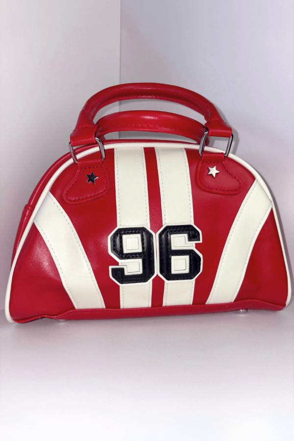 Red Black and White Stripe Vintage Bowling Style Handbag with Removable Shoulder Strap