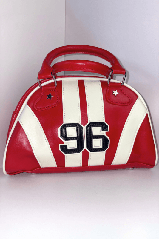 Red Black and White Stripe Vintage Bowling Style Handbag with Removable Shoulder Strap