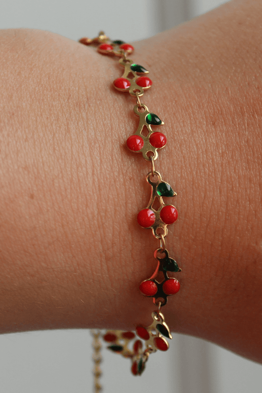 Stainless Steel Gold & Red Cherry Bracelet with Clasp