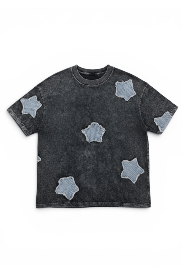 Acid Wash Black Tee with Denim Star Patches