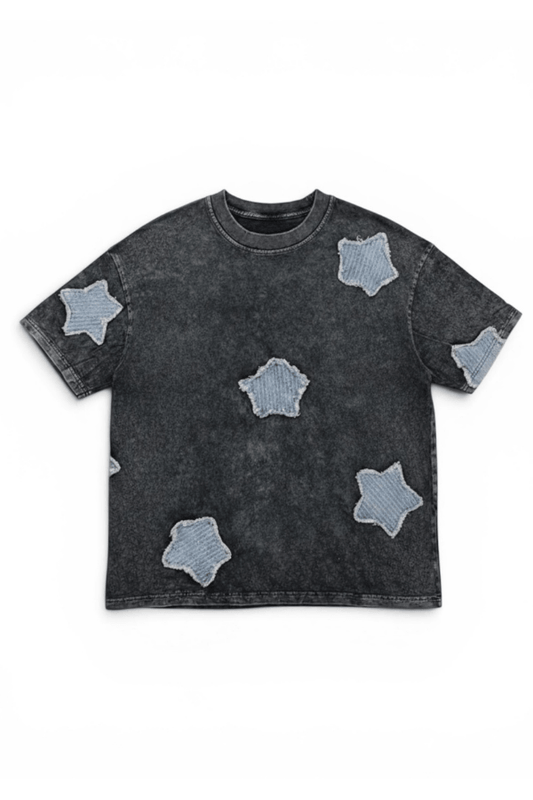 Acid Wash Black Tee with Denim Star Patches