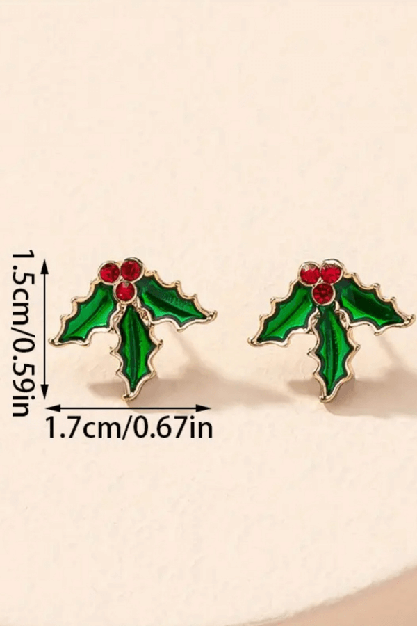 Stainless Steel Red and Green Mistletoe Stud Earrings