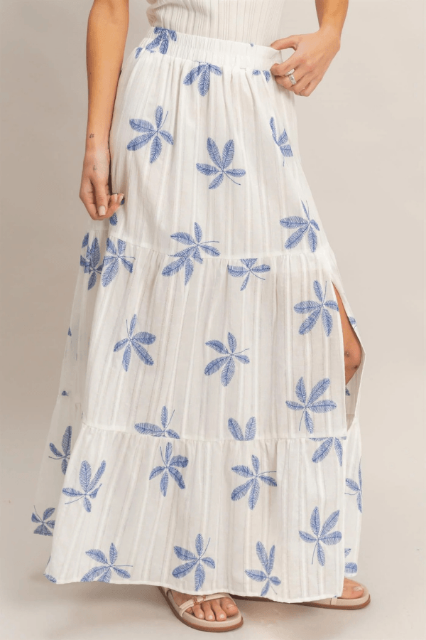 Tiered Cotton Maxi Skirt with Blue Botanical Print and Side Slit