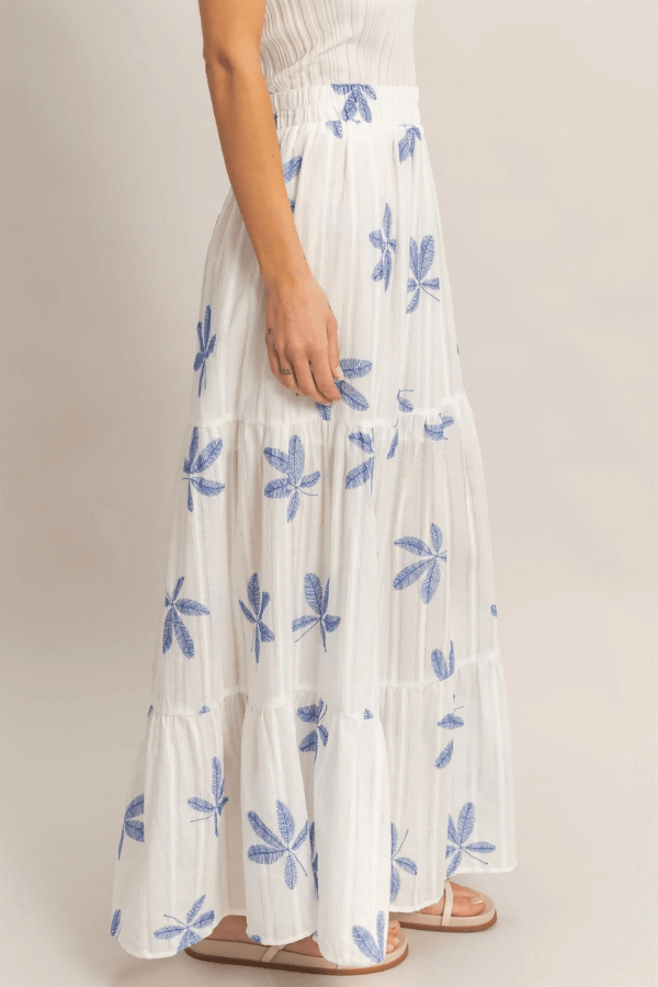 Tiered Cotton Maxi Skirt with Blue Botanical Print and Side Slit