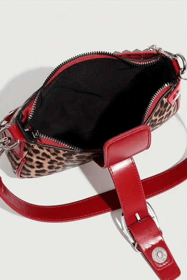 Red Leopard Print Y2K Shoulder Bag with Chain